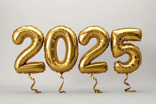 Photo gold foil balloon numbers 2025 with golden ribbons floating against a light neutral background for a festive celebration