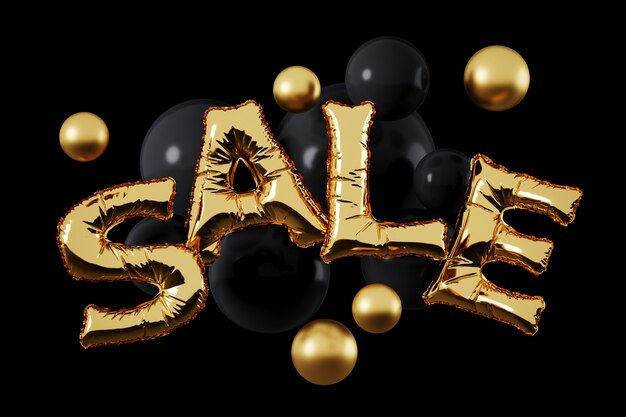 Gold foil balloon "SALE" letter with gold and black sphere on black background