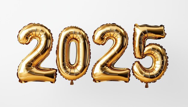 Photo gold foil balloons shaped like the numbers 2025 isolated on background