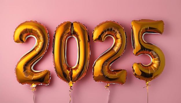 Photo gold foil balloons spelling out 2025 on a pink background