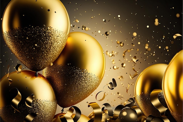 Gold foil party balloons on gold confetti background and shiny serpentine for New Year festive panel