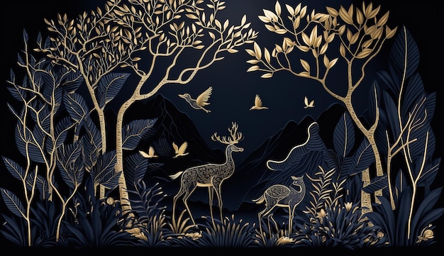 A gold foiled illustration of deers and birds in the dark.