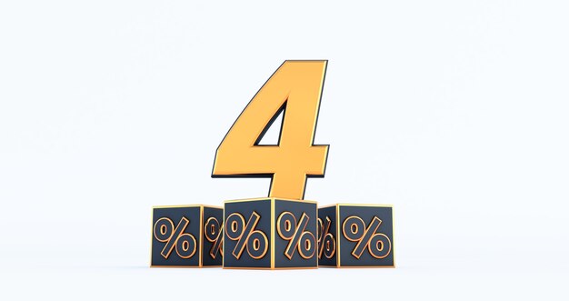 Gold four 4 percent number with Black cubes  percentages isolated on a white background. 3D render