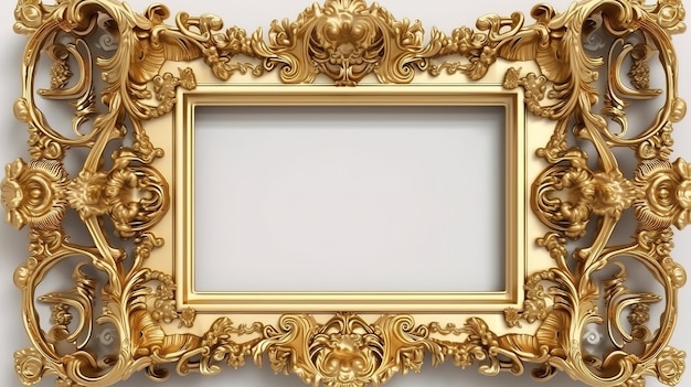 Gold frame for a picture in a classic baroque style on a white blank background Generative Ai