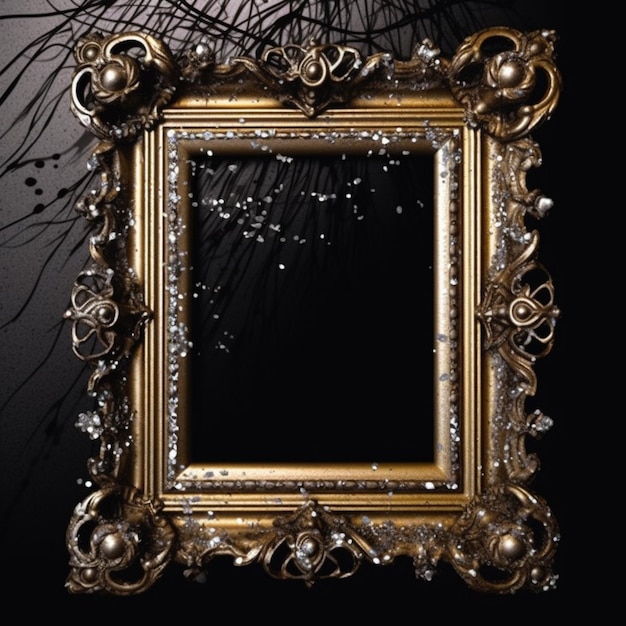 A gold frame with a black background and a black background with a pattern of flowers.