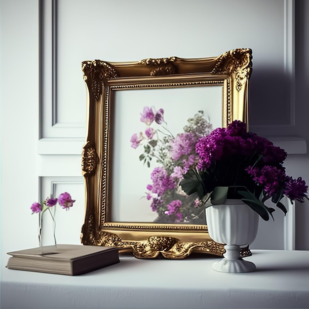 gold frame with flowers on white table in room