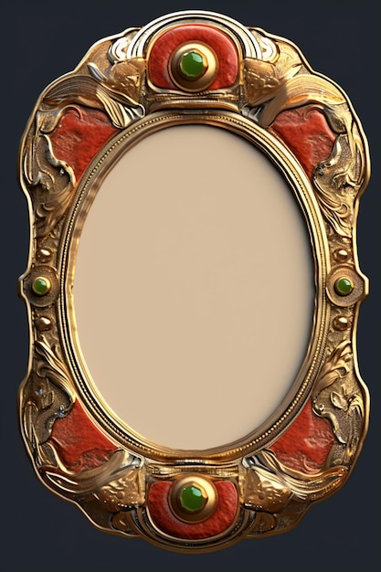 A gold frame with a red and green stone border.