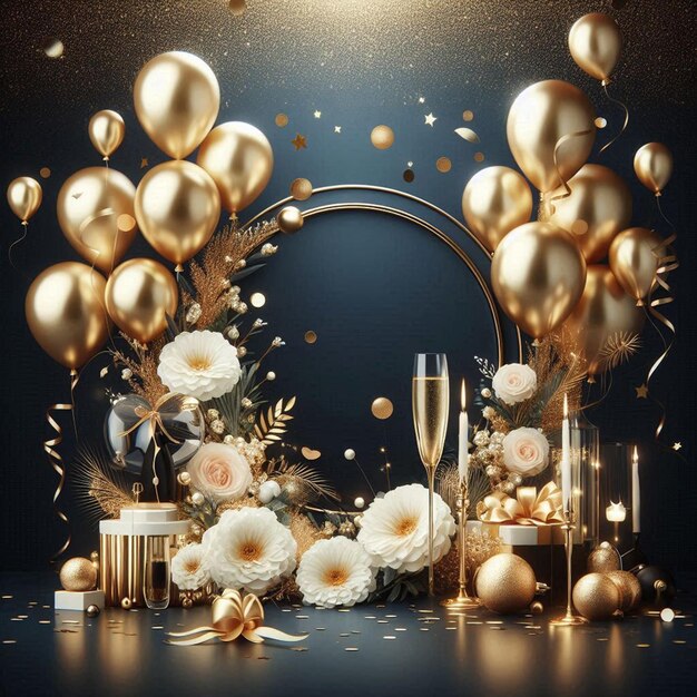 a gold frame with a round mirror and a bunch of balloons and candles