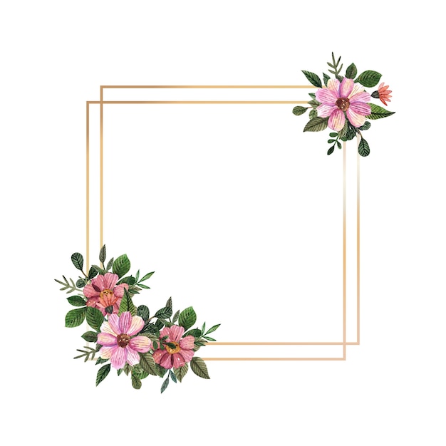 Gold frame with watercolor pressed and dried flowers on white background.