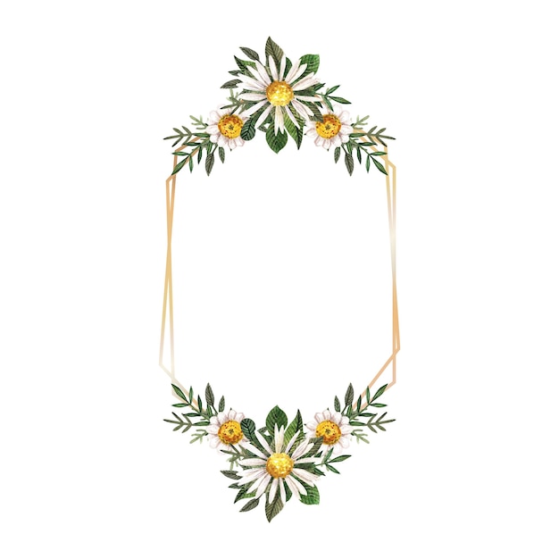 Gold frame with watercolor pressed and dried flowers on white background