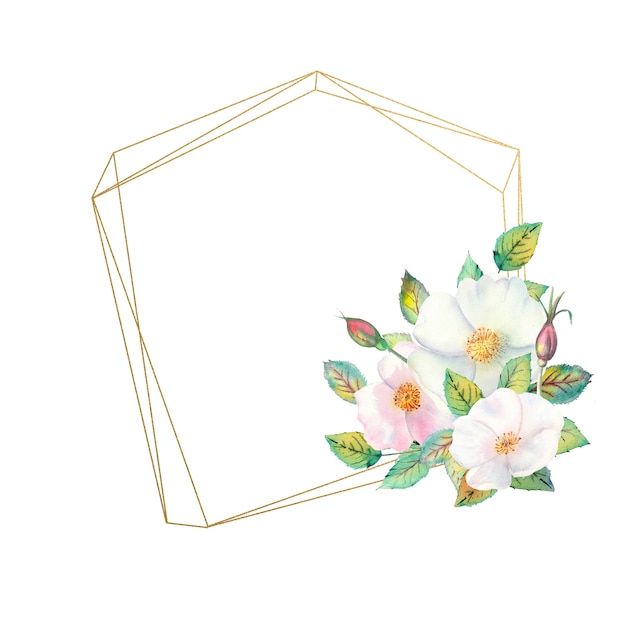 Gold frame with watercolour flowers and rosehip leaves