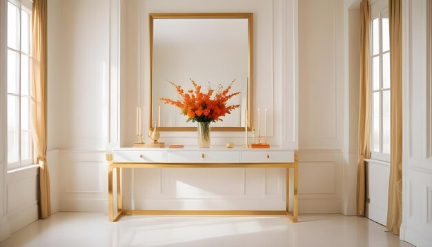 Photo a gold framed mirror hangs above a table with flowers