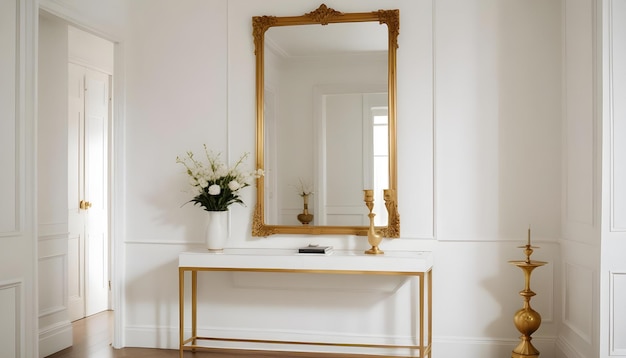 a gold framed mirror hangs on a wall in a room