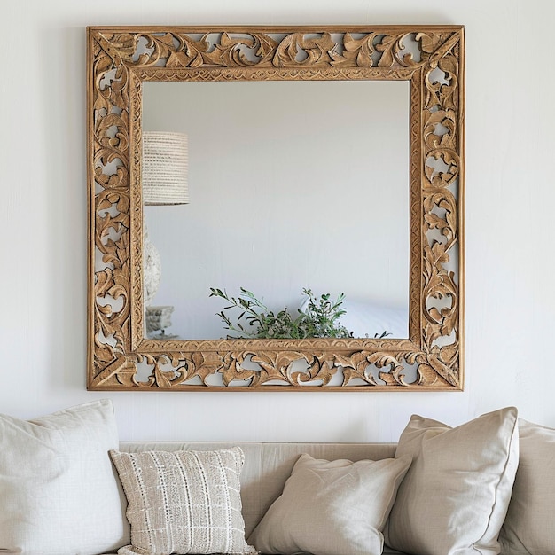 Photo a gold framed mirror hangs on a white wall with a plant in the corner