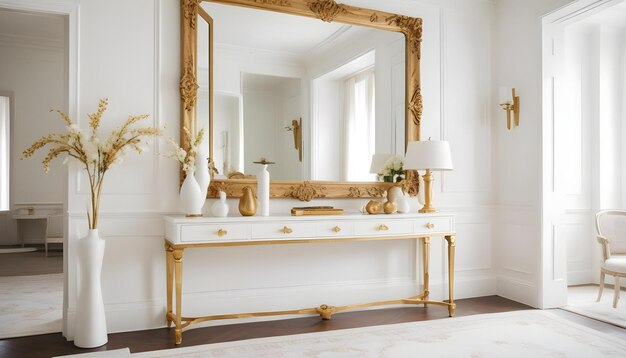 a gold framed mirror hangs on a white wall