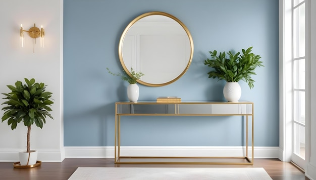 a gold framed mirror is on a table in a living room