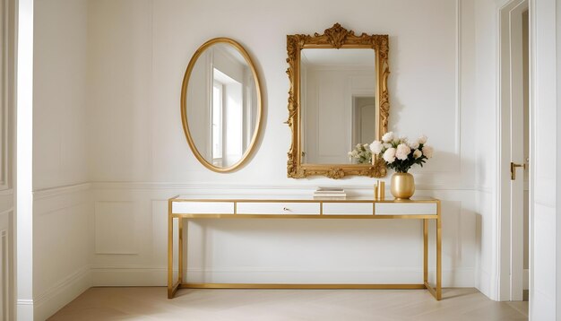 a gold framed mirror is on a table in a room with a gold frame