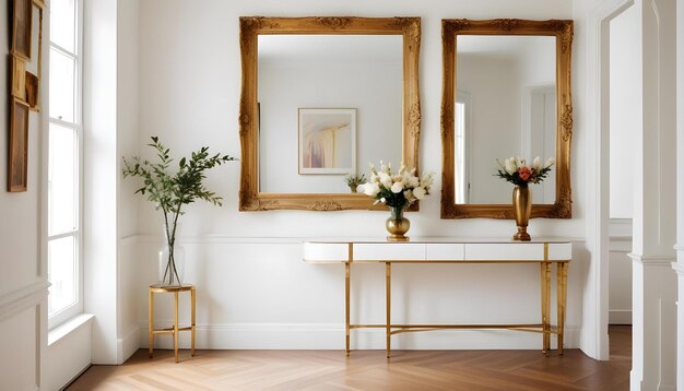 a gold framed mirror is on a table with flowers and a vase with flowers