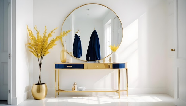 a gold framed mirror is on a table with a vase of flowers