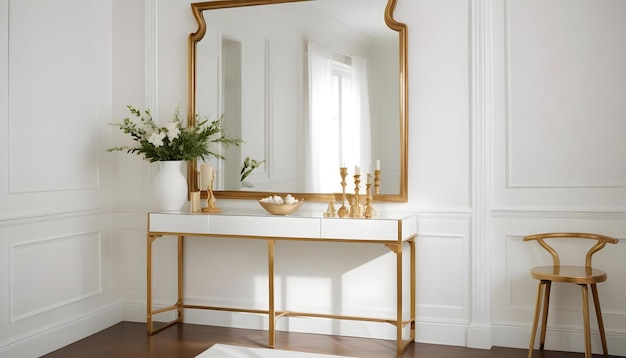 a gold framed mirror is on a white table in a room with a white wall