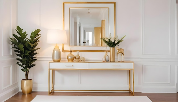 a gold framed mirror is above a white table with flowers on it