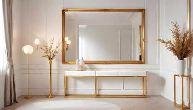 a gold framed mirror is on a white wall with a gold frame