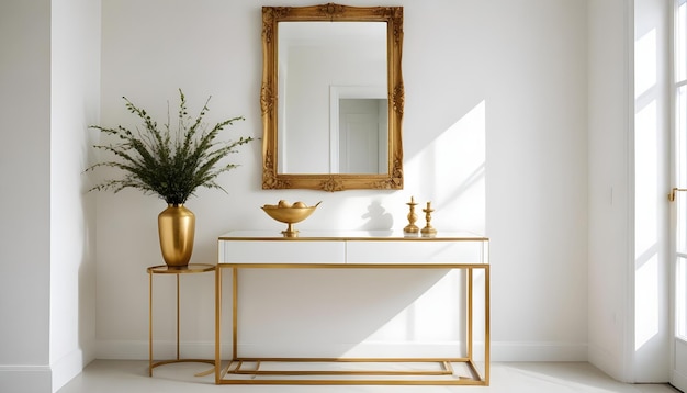 a gold framed mirror is on a white wall with a gold frame