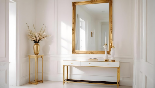 a gold framed mirror is on a white wall with a gold frame