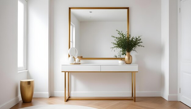 a gold framed mirror is on a white wall with a plant in it