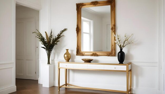 a gold framed mirror is on a white wall with a vase of flowers in it