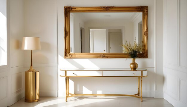 a gold framed mirror is on a white wall