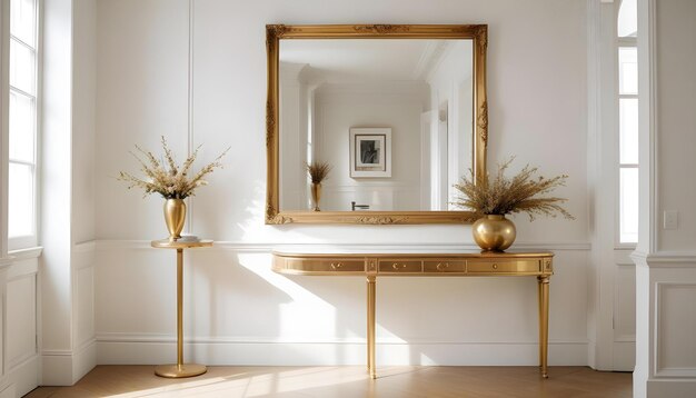 a gold framed mirror sits on a table with flowers in it