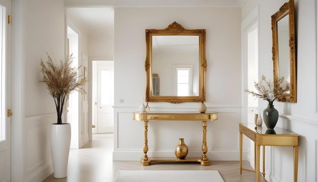 a gold framed mirror sits in a white room with a gold frame