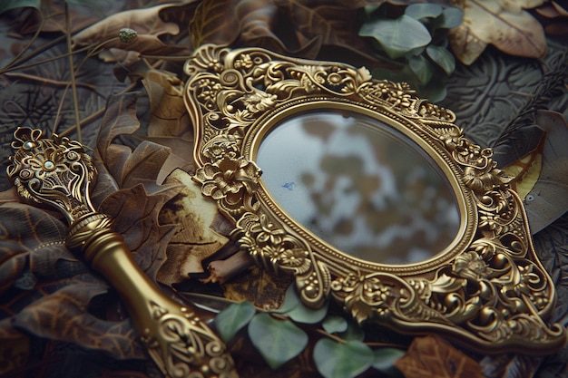 a gold framed mirror with a gold frame that says  the word  on it