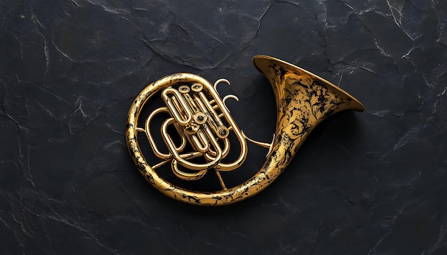 Photo a gold french horn with black floral pattern on a black background