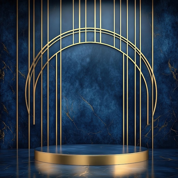 Photo gold geometric arch on blue marble background with podium