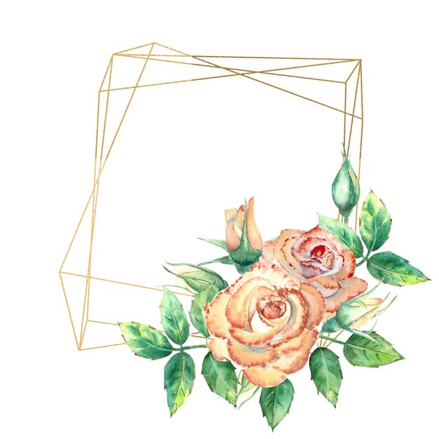 Gold geometric frame decorated with flowers. Peach roses, green leaves, open and closed flowers. Watercolor illustration.