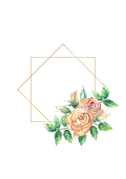 Photo gold geometric frame decorated with flowers. peach roses, green leaves, open and closed flowers. watercolor illustration.