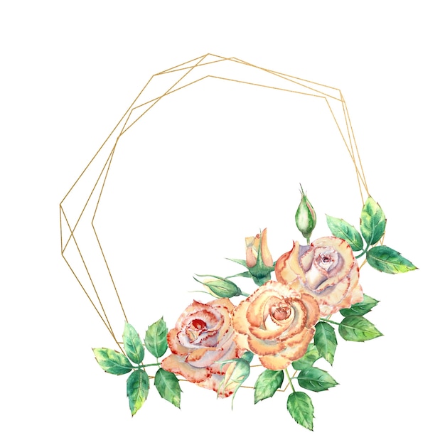 Photo gold geometric frame decorated with flowers. peach roses, green leaves, open and closed flowers. watercolor illustration.