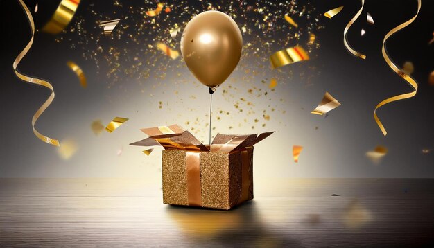 Photo gold gift box with balloon and confetti