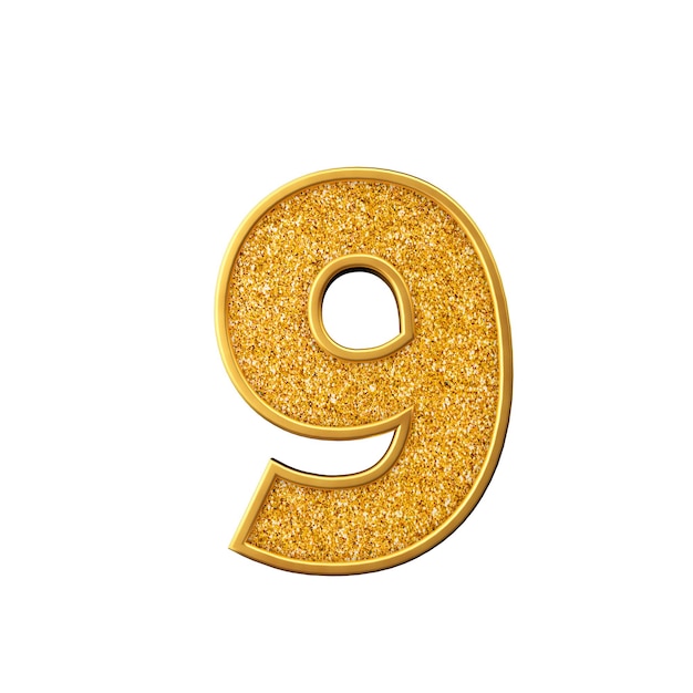 Gold glitter number 9 Shiny sparkling golden number 3D rendering