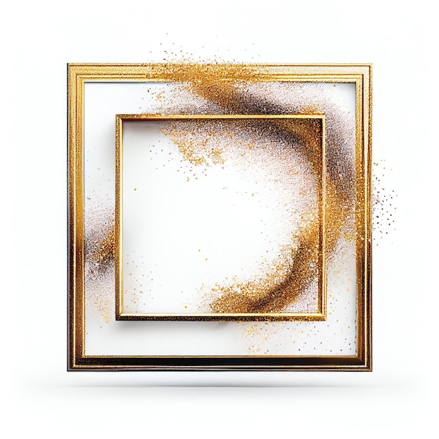 Gold glitter swirling particles on square frame isolated on white background