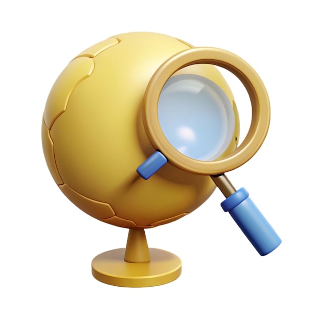 a gold globe with a magnifying glass and a magnifying glass