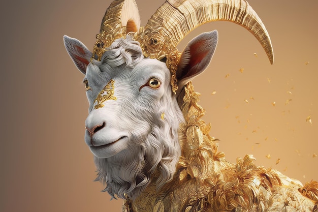 A gold goat with gold hair and a gold crown.