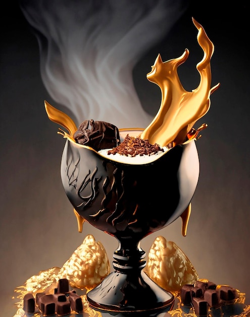 Gold goblet with hot chocolate milk and smoke