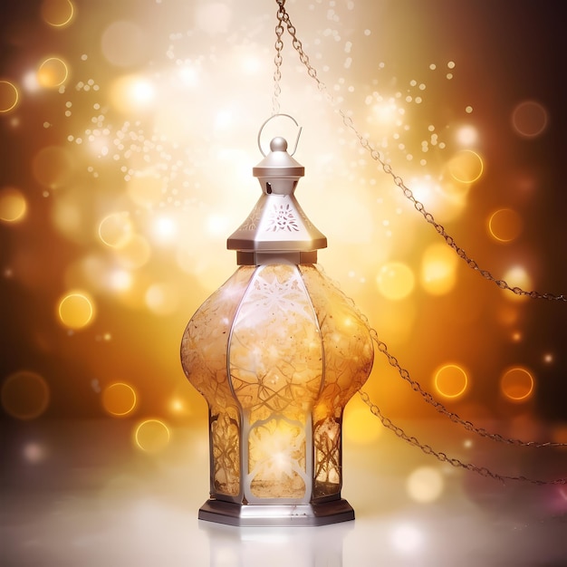 A gold and gold background with a lantern and the word ramadan.