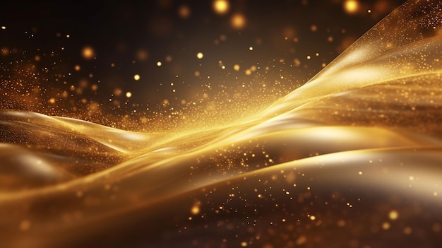 gold and gold on a black backgroundDark abstract background with golden waves and particles