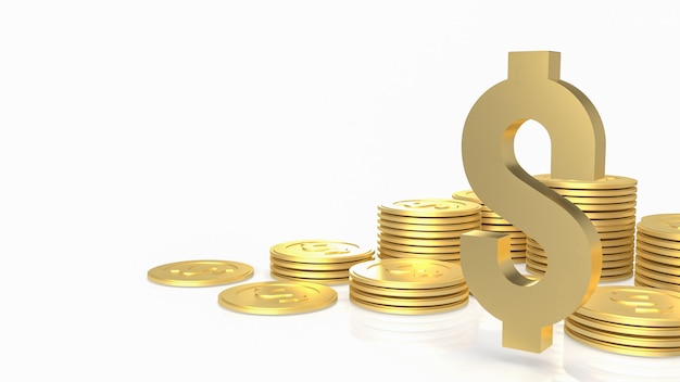 The gold gold dollar symbol and coins on white background 3d rendering