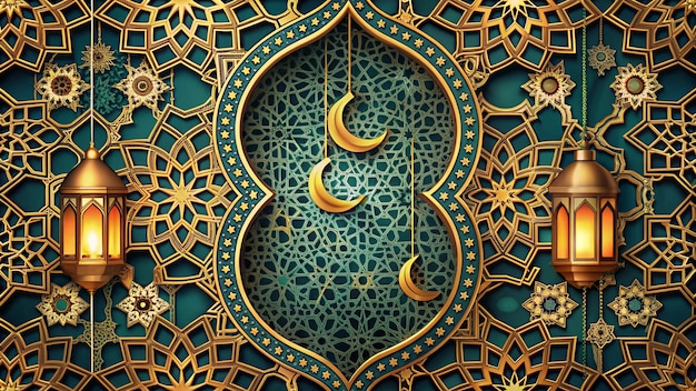 a gold and green decorative pattern with the moon on the top