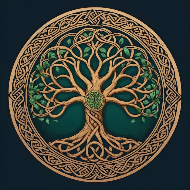 a gold and green design with a tree and a green background